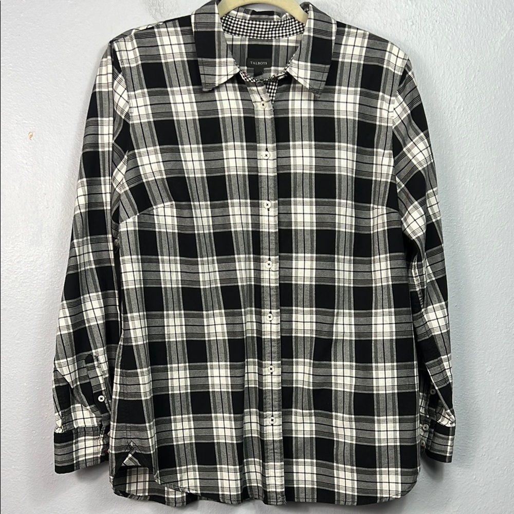 Talbots Black & White Plaid Long Sleeve Tunic Blouse Large